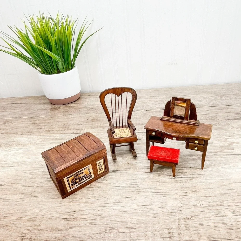 Miniature wooden‎ dollhouse Vanity with Mirror & Stool, Chest, & Rocking Chair
